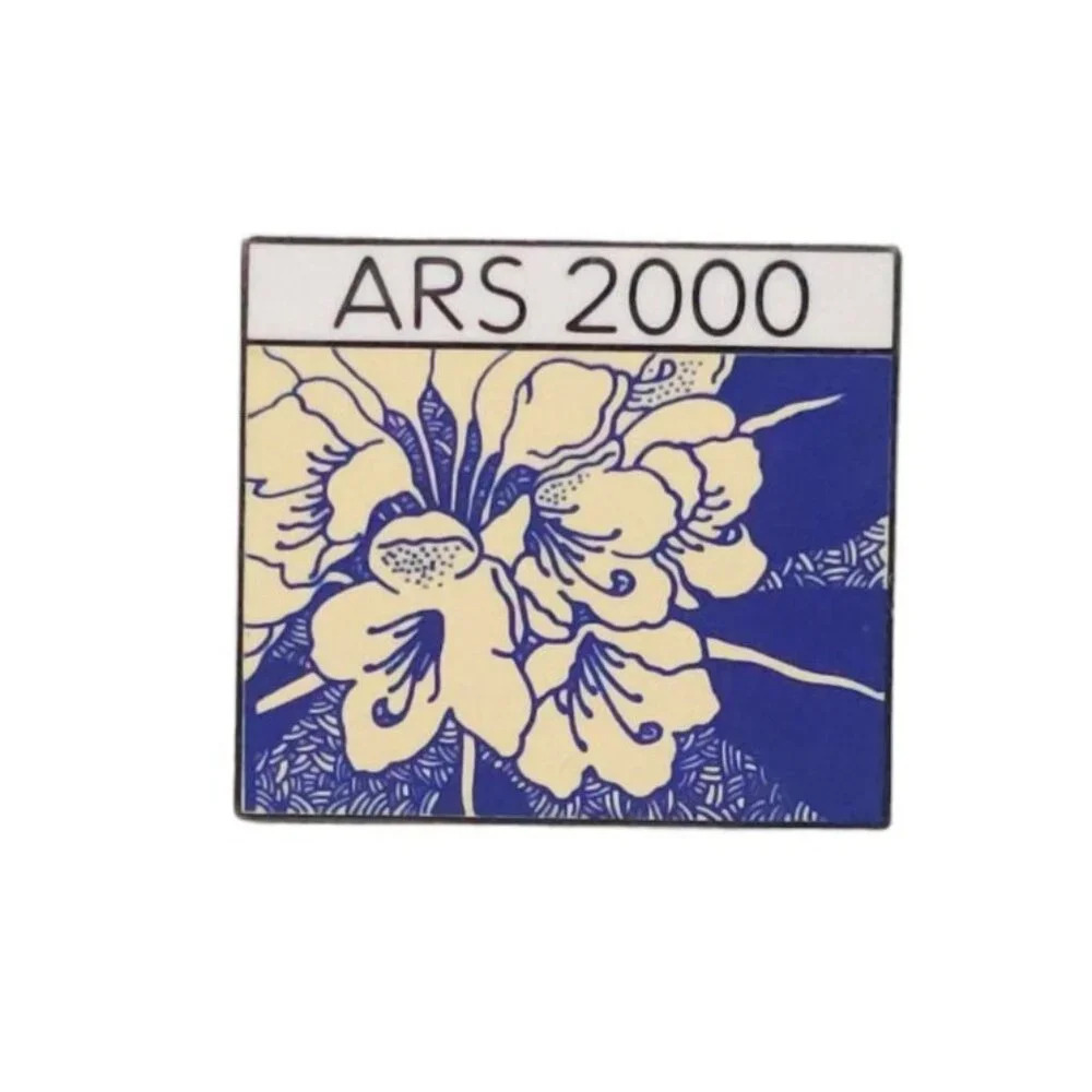 ARS 2000 Floral Hat Lapel Pin Blue and Cream Vintage